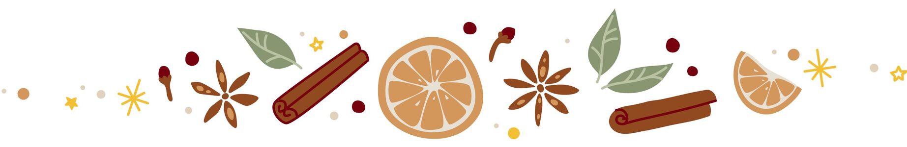 A colorful illustration with cinnamon sticks, star anise, dried orange slices, and green leaves, creating a joyful festive vibe.
