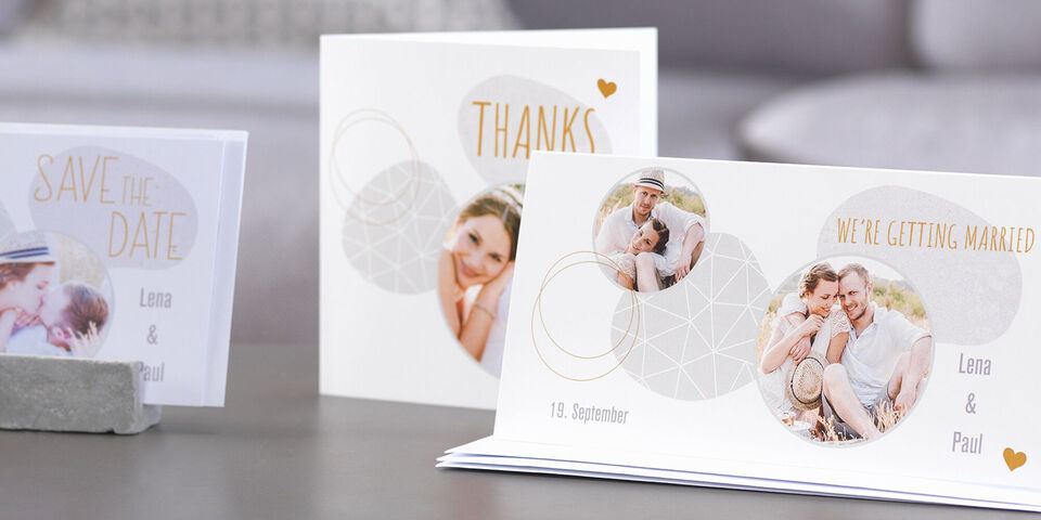 Two creative greeting cards for the wedding featuring the names Luna and Paul.