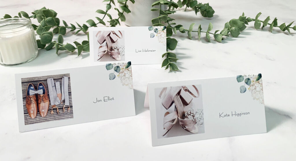 Elegant place card featuring a snapshot of shoes, personalized with names.