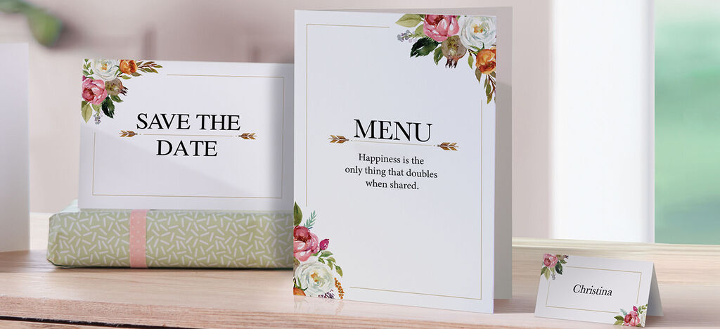 Stylish wedding invitations with floral elements and 'Save the Date' and 'Menu' text