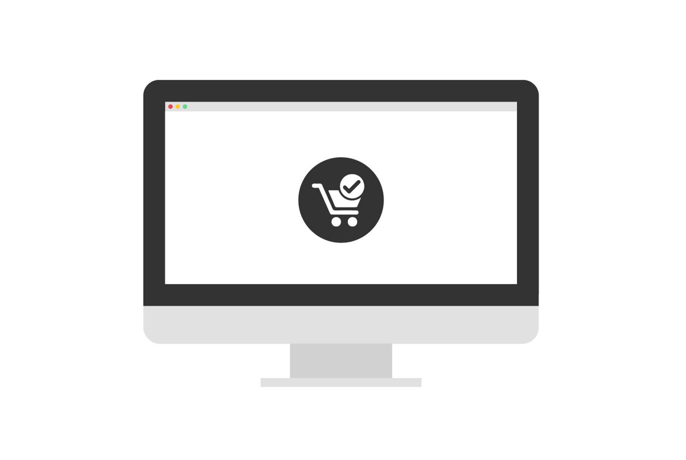 A computer shows a shopping cart symbol with a checkmark.