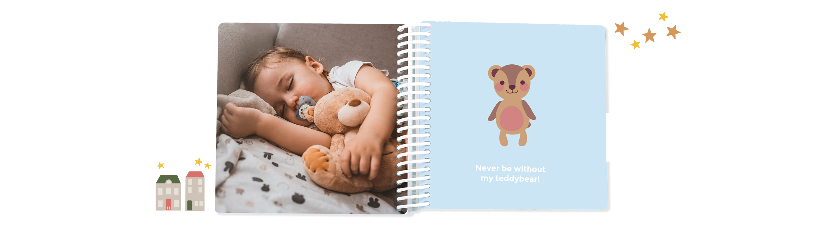 A child sleeps peacefully with a teddy bear in their arms in a CEWE photo book.