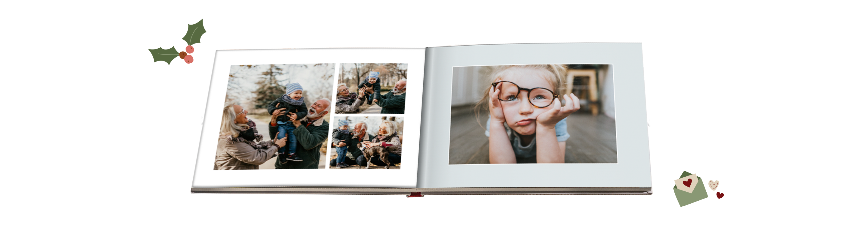 An open CEWE photo book with photos of friends and family during a festive occasion. The loving design shows happy moments and beautiful memories.