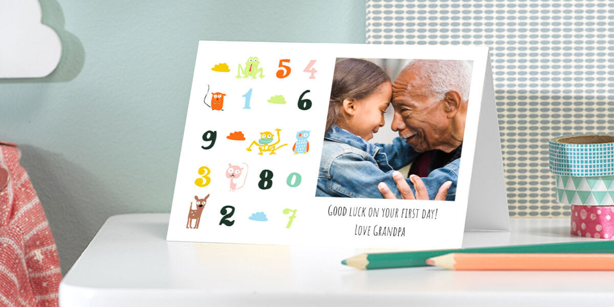 Colorful greeting card for a child with positive numbers and a loving message from grandparents.